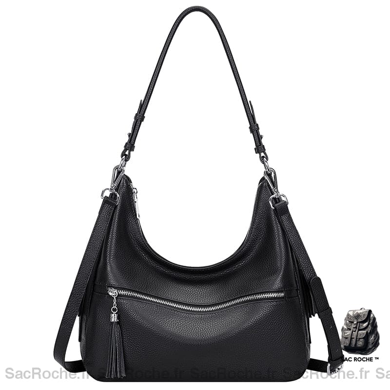 Sac Main Cuir Femme Zip Noir / 34X20X11Cm À
