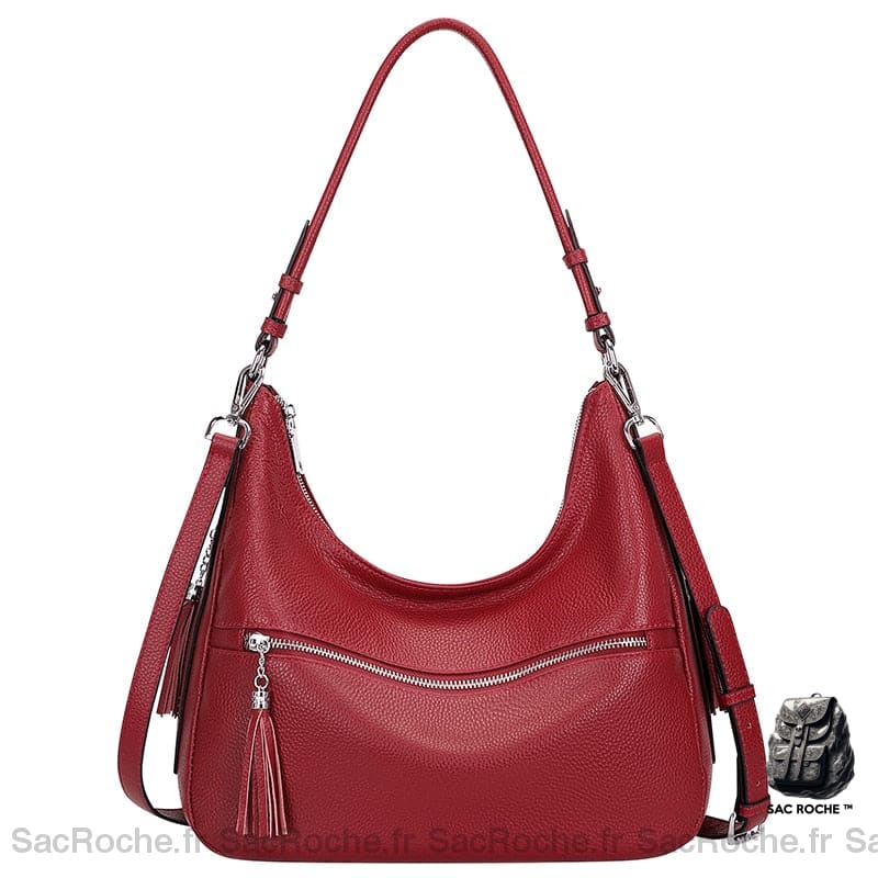 Sac Main Cuir Femme Zip Rouge / 34X20X11Cm À