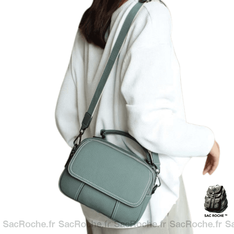 Sac Main Femme 3 Compartiments Cuir Gris Bleu / 23X17X9Cm À