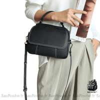 Sac Main Femme 3 Compartiments Cuir - modèle Noir / 23x17x9cm - Sac Roche ™