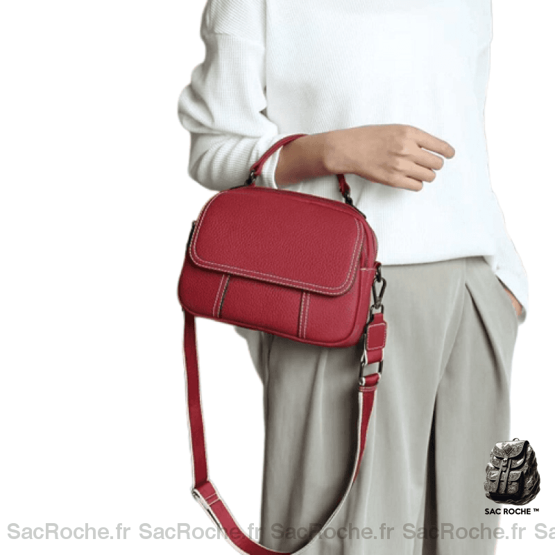 Sac Main Femme 3 Compartiments Cuir Rouge / 23X17X9Cm À