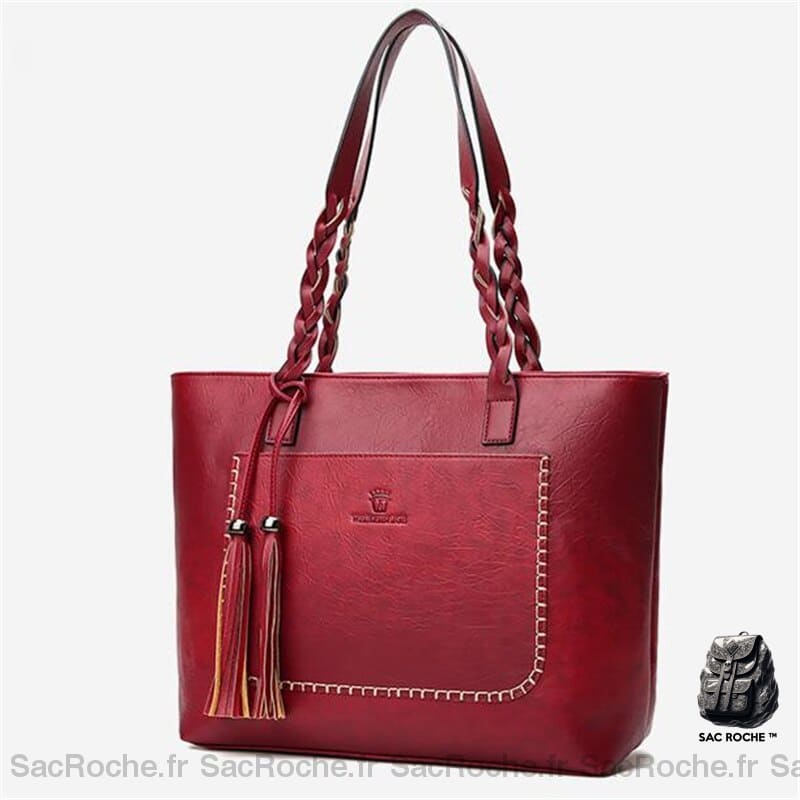 Sac Main Femme Anse Tressée Bordeaux / 34X12X30Cm À