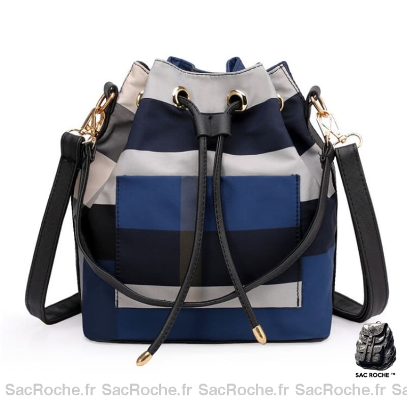 Sac Main Femme Bourse Cuir Bleu Rayé À