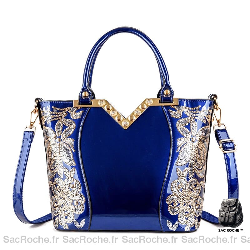 Sac Main Femme Brodé Bleu / 26.5X13X24Cm À