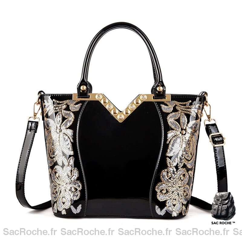 Sac Main Femme Brodé Noir / 26.5X13X24Cm À