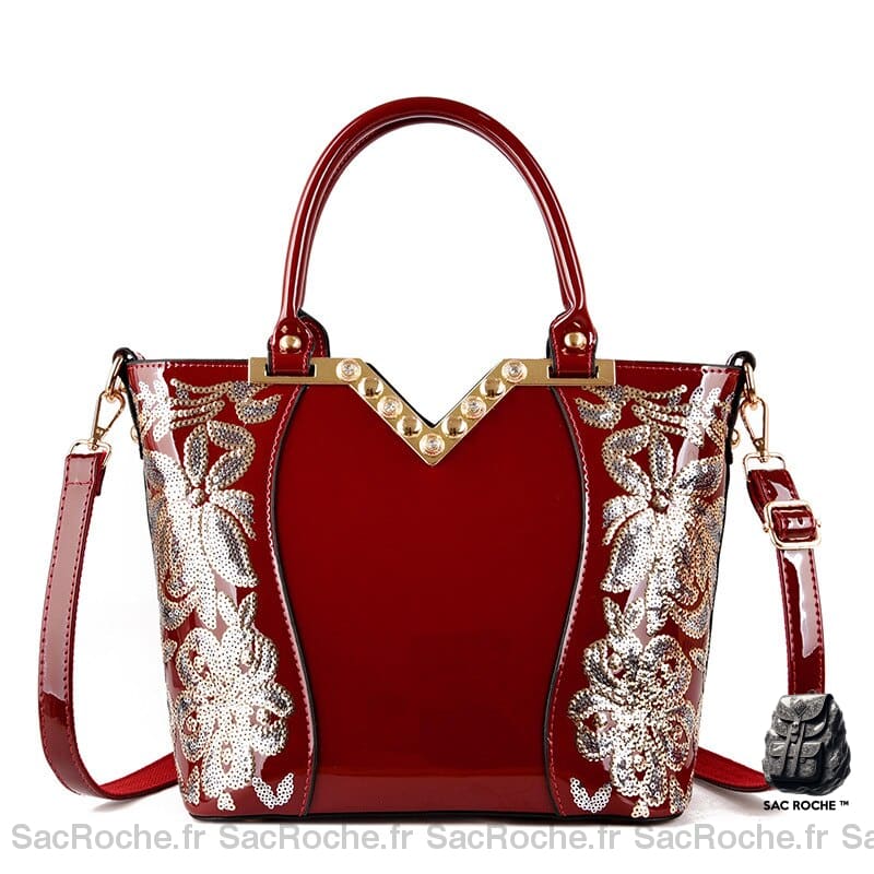 Sac Main Femme Brodé Rouge / 26.5X13X24Cm À