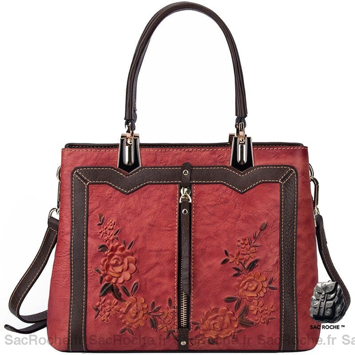 Sac Main Femme Cuir Graine Noir Rouge / 29.5X13X23Cm À