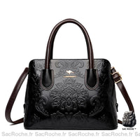 Sac Main Femme Cuir Verni Motif Fleuri - modèle Noir - Sac Roche ™