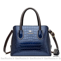 Sac Main Femme Cuir Vernis Imprimé Croco - modèle Bleu - Sac Roche ™