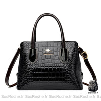 Sac Main Femme Cuir Vernis Imprimé Croco - modèle Noir - Sac Roche ™