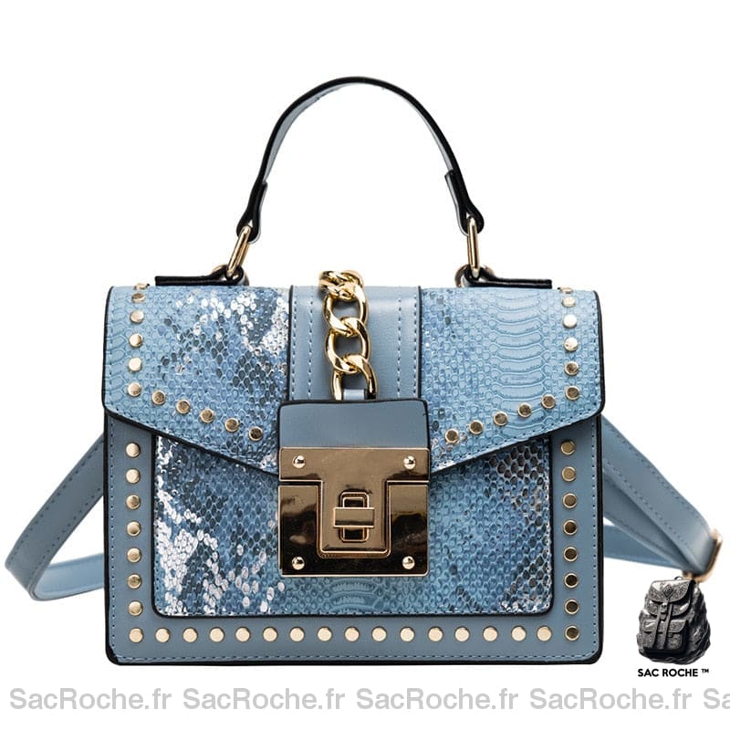 Sac Main Femme Peau Python Bleu / 21X15X9Cm À