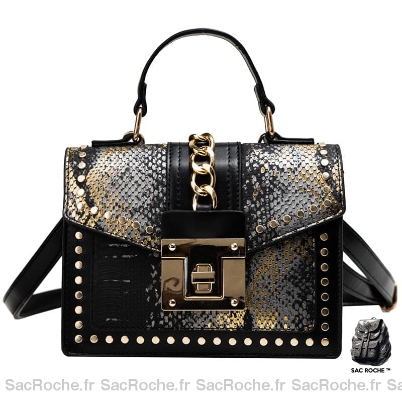 Sac Main Femme Peau Python Noir Doré / 21X15X9Cm À