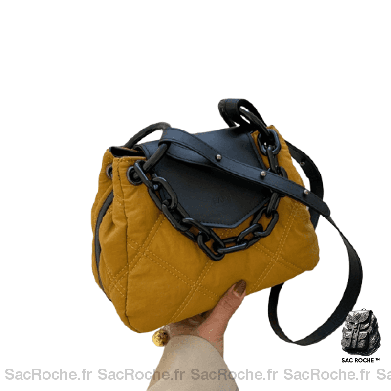 Sac Main Noir Bicolore Femme Jaune Moutarde / 26X18X12Cm À