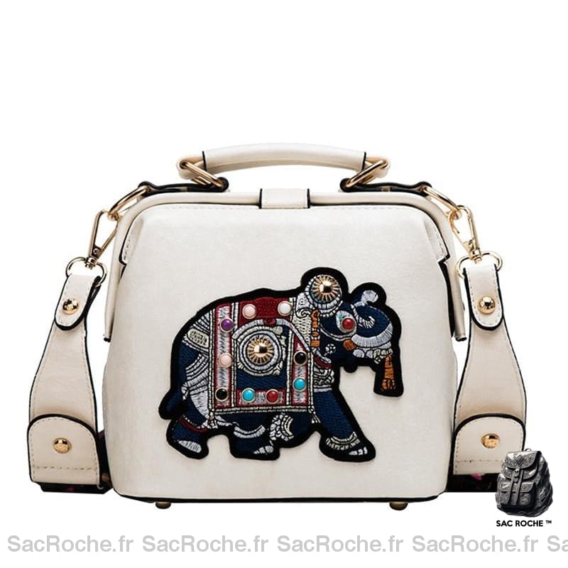 Sac Main Vintage Brodé Éléphant Beige Petit Sac À