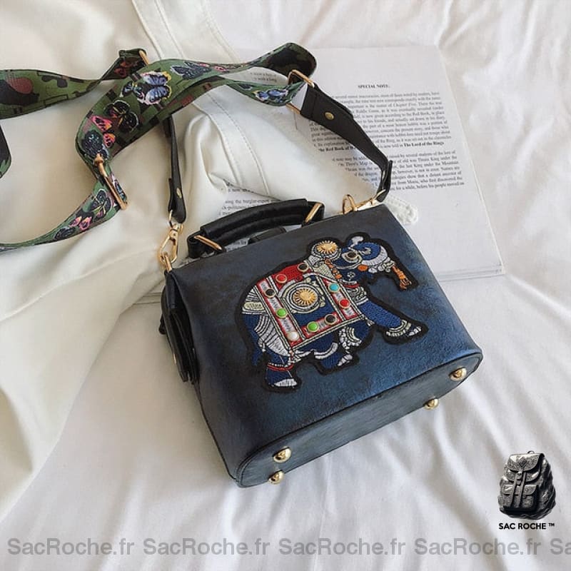 Sac Main Vintage Brodé Éléphant Bleu Petit Sac À