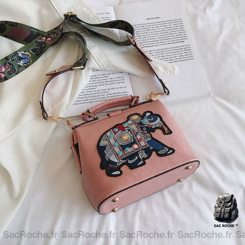 Sac Main Vintage Brodé Éléphant Rose Petit Sac À