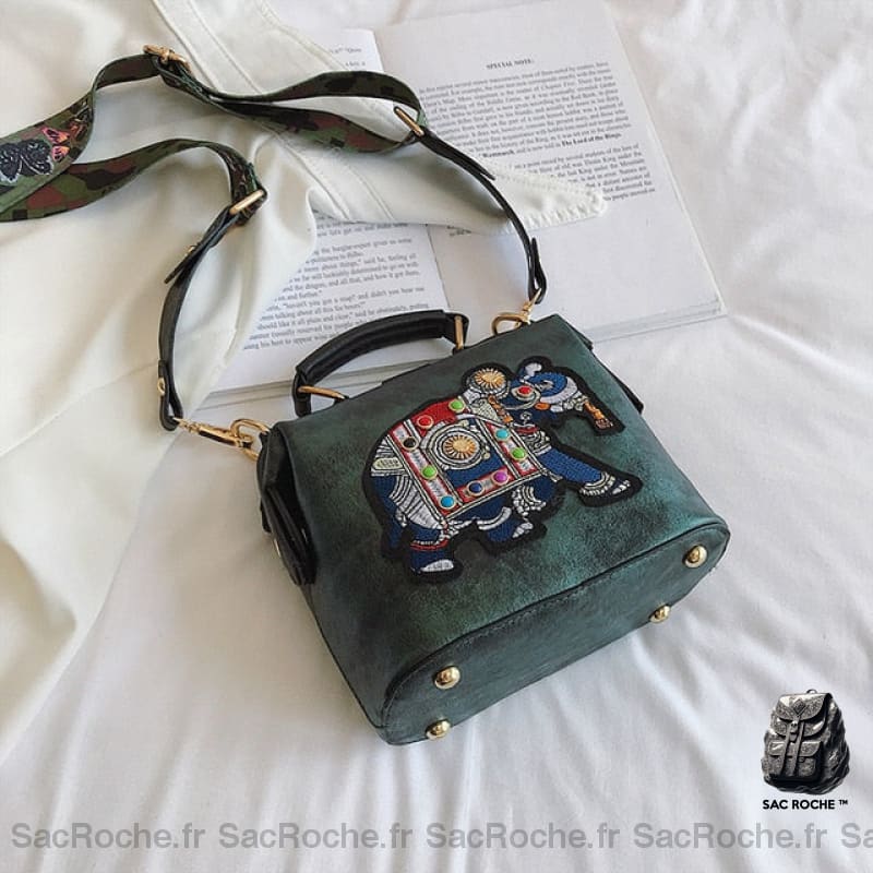 Sac Main Vintage Brodé Éléphant Vert Petit Sac À