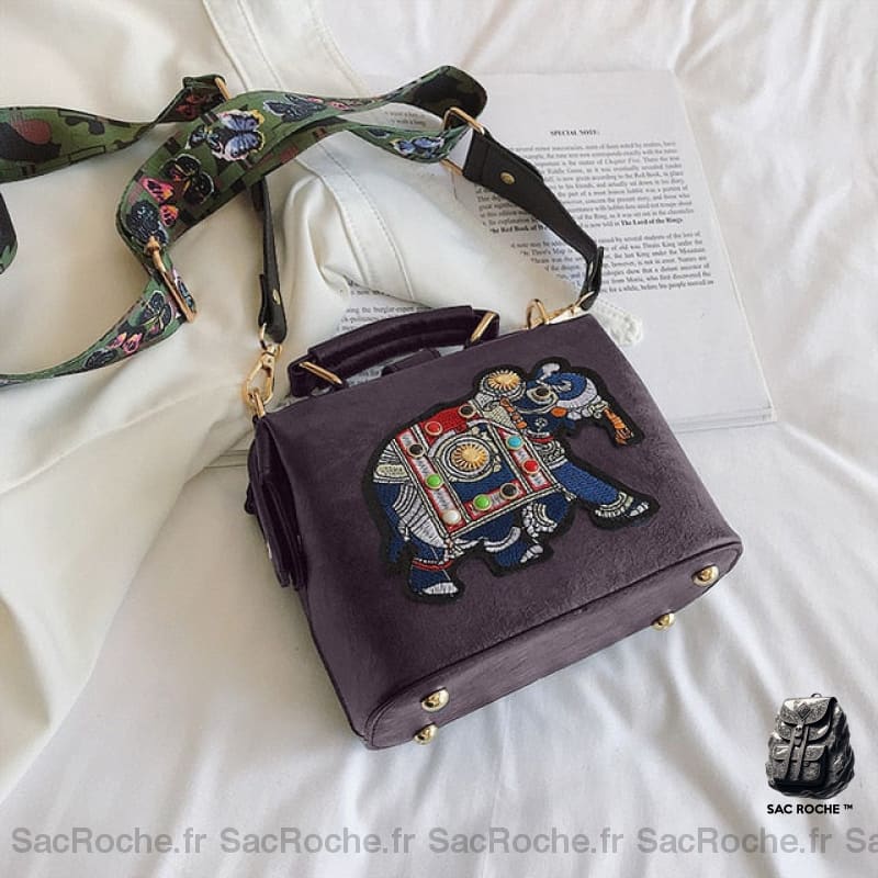 Sac Main Vintage Brodé Éléphant Violet Petit Sac À