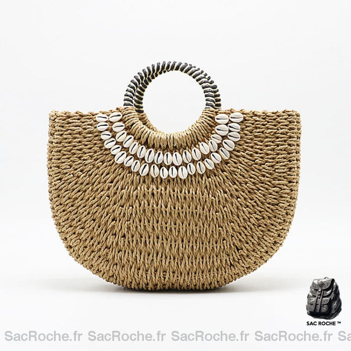 Sac Paille Rond Anses Demi Lune Marron Sac À Main Femme