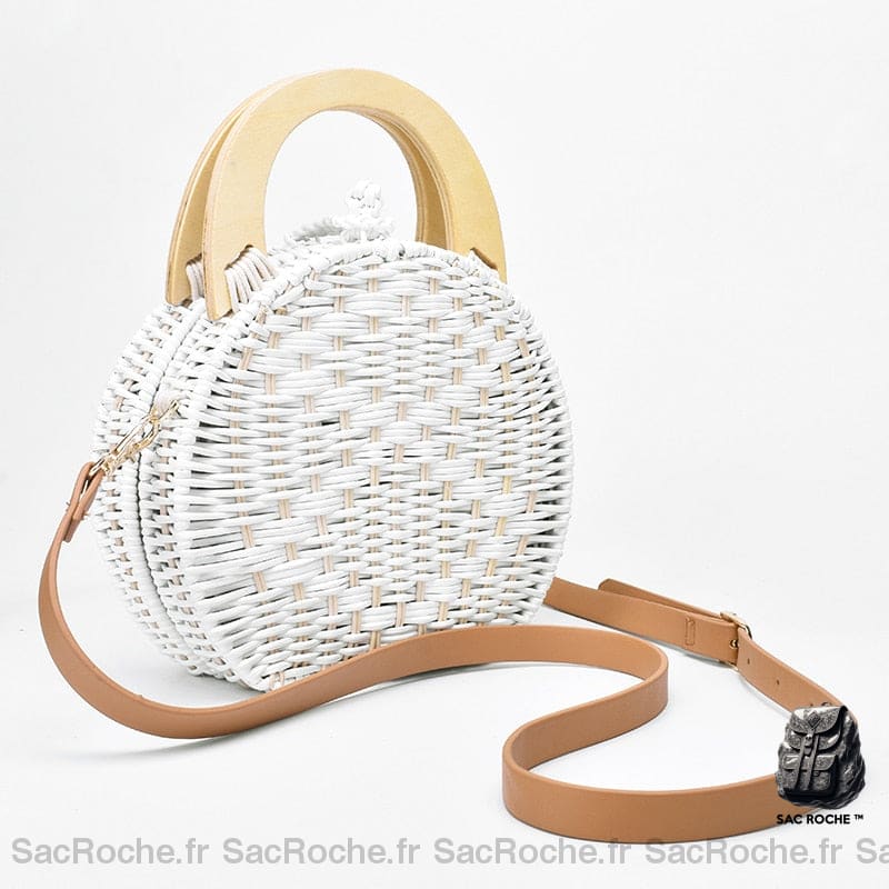 Sac Paille Rond Petit Format Bohème Blanc Sac À Main Femme