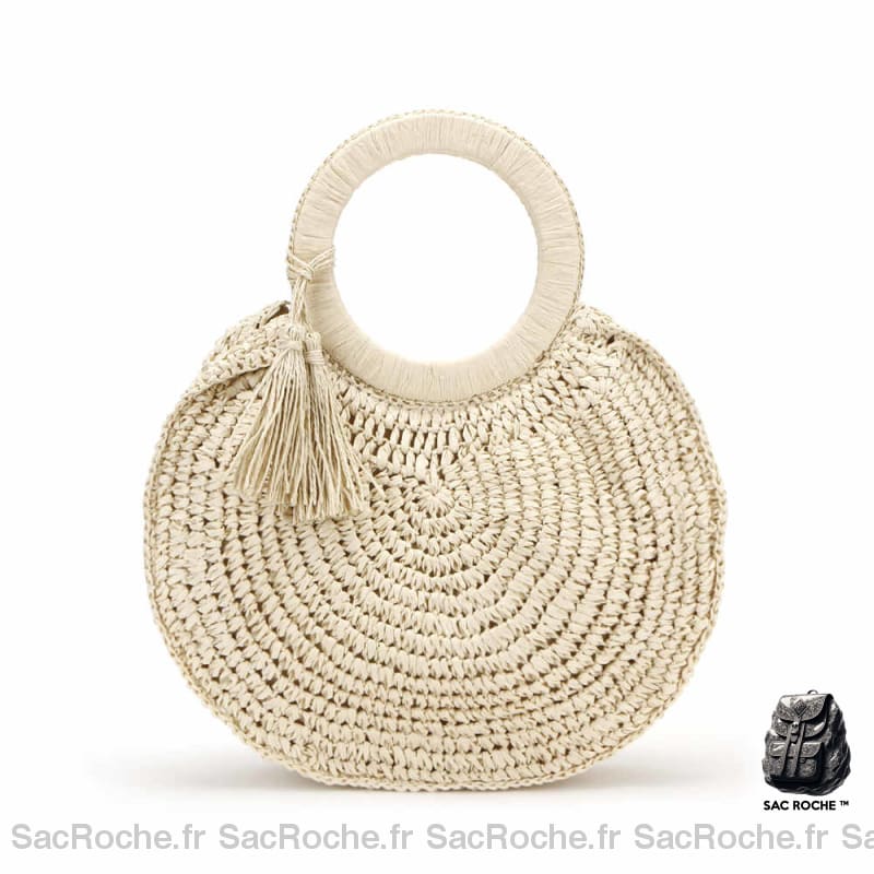 Sac Paille Rond Plage Bohème Petit Beige Sac À Main Femme