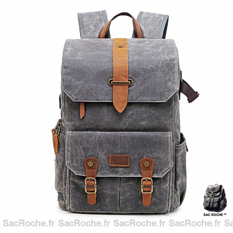 Grand sac pour appareil photo avec port USB gris et marron avec un fond blanc