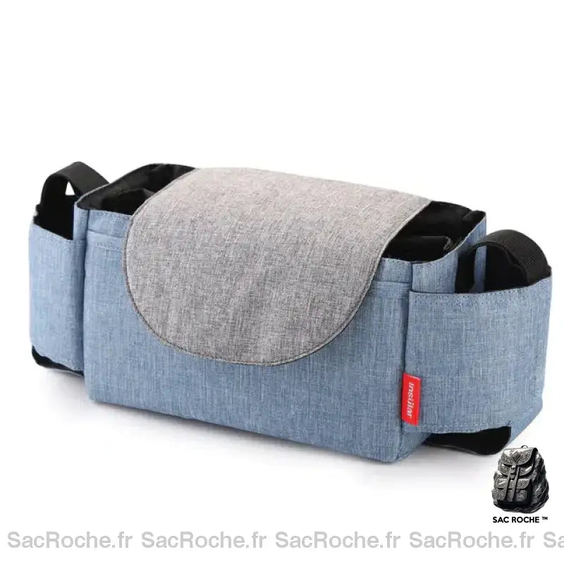 Sac de poussette en polyester bicolore bleu et gris avec un fond blanc