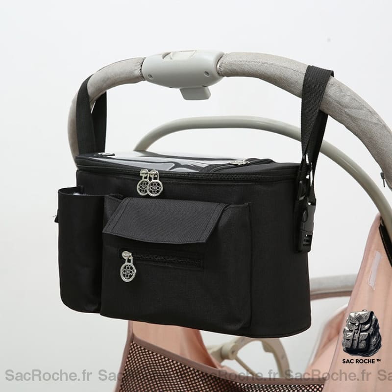 Sac de rangement accessoire pour poussette bébé noir avec un fond une poussette