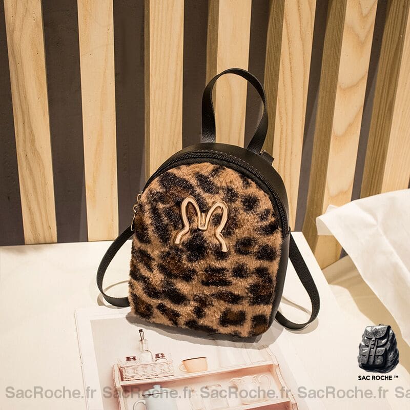 Sac Velours Confortable Leopard Noir Petit À Dos Femme