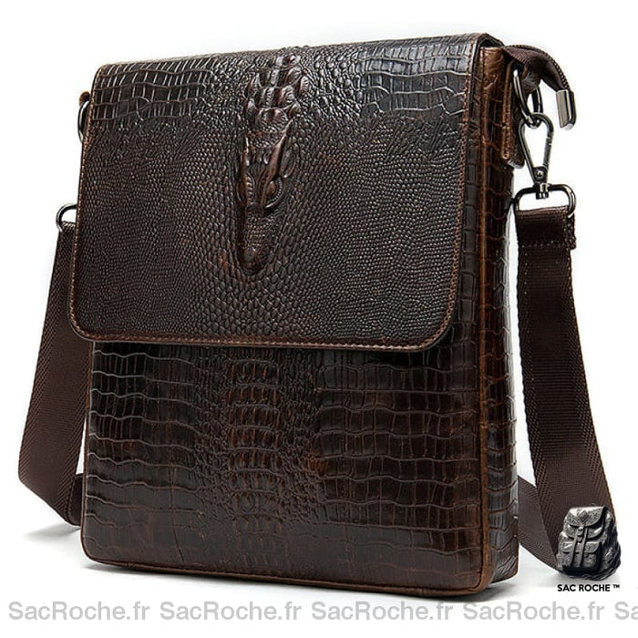 Sacoche Bandoulière Homme Cuir Croco Marron Sacoches