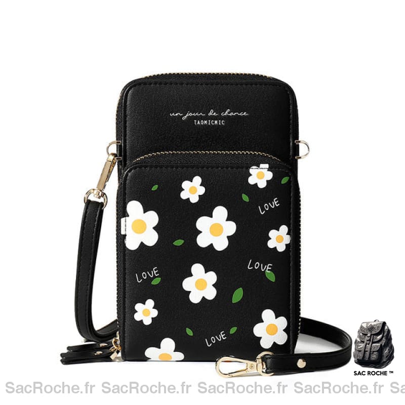 Sacoche Fleurs 2 En 1 - Portefeuille Noir Pochette Femme