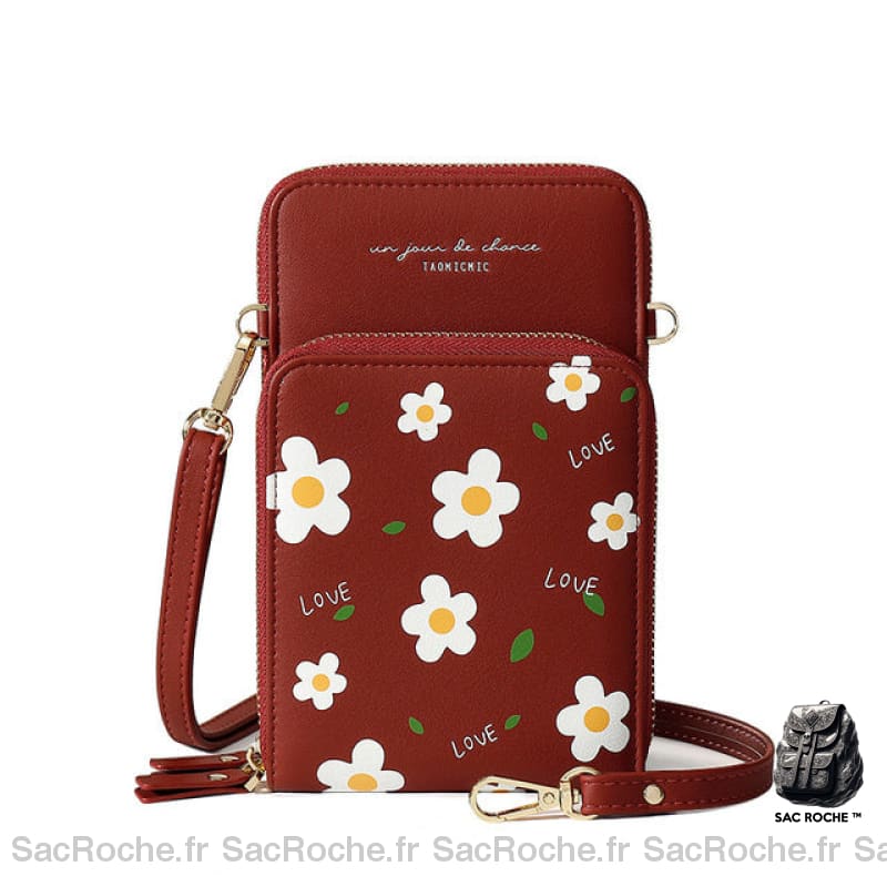 Sacoche Fleurs 2 En 1 - Portefeuille Rouge Pochette Femme